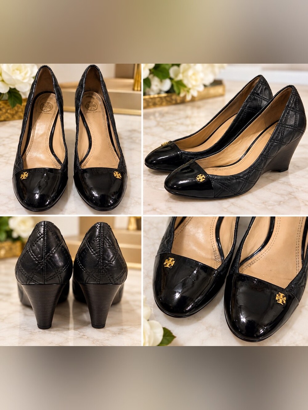 Tory Burch Black Leather Patent Cap Toe Logo Pumps Heels Size 8.5